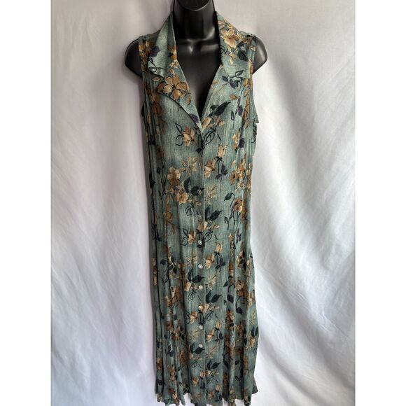 Vintage Betsy's Things Green Floral Button Front Dress Size 16 Prairie Retro - Picture 1 of 8